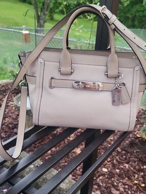 Coach Swagger Pebbled Leather Satchel in Light Taupe and Beige Trim